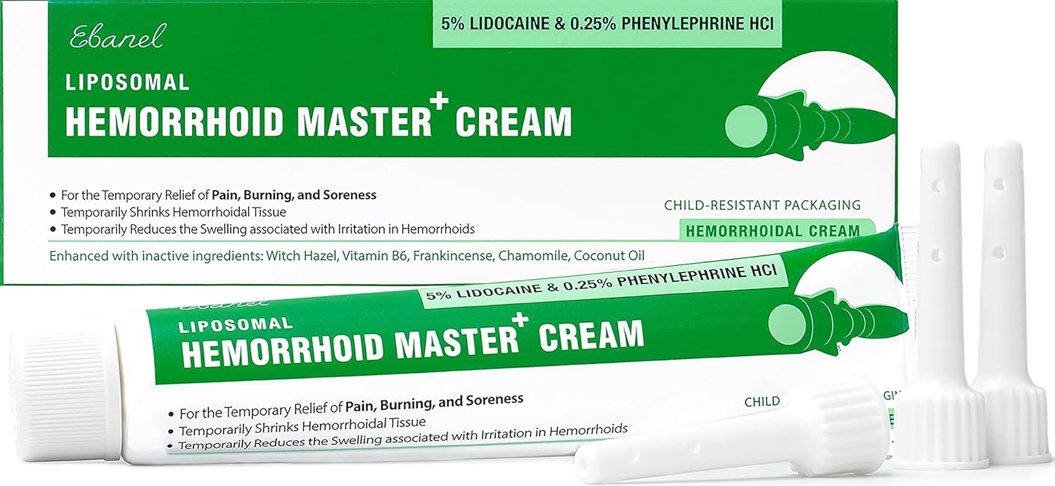 Ebanel 5% Lidocaine Hemorrhoid Treatment Cream, Pain Relief Anal Cream | with Witch Hazel, Phenylephrine, Vitamin B6, Zinc Oxide, Horse Chestnut for Pain Burn Itch Relief, External & Intrarectal Use