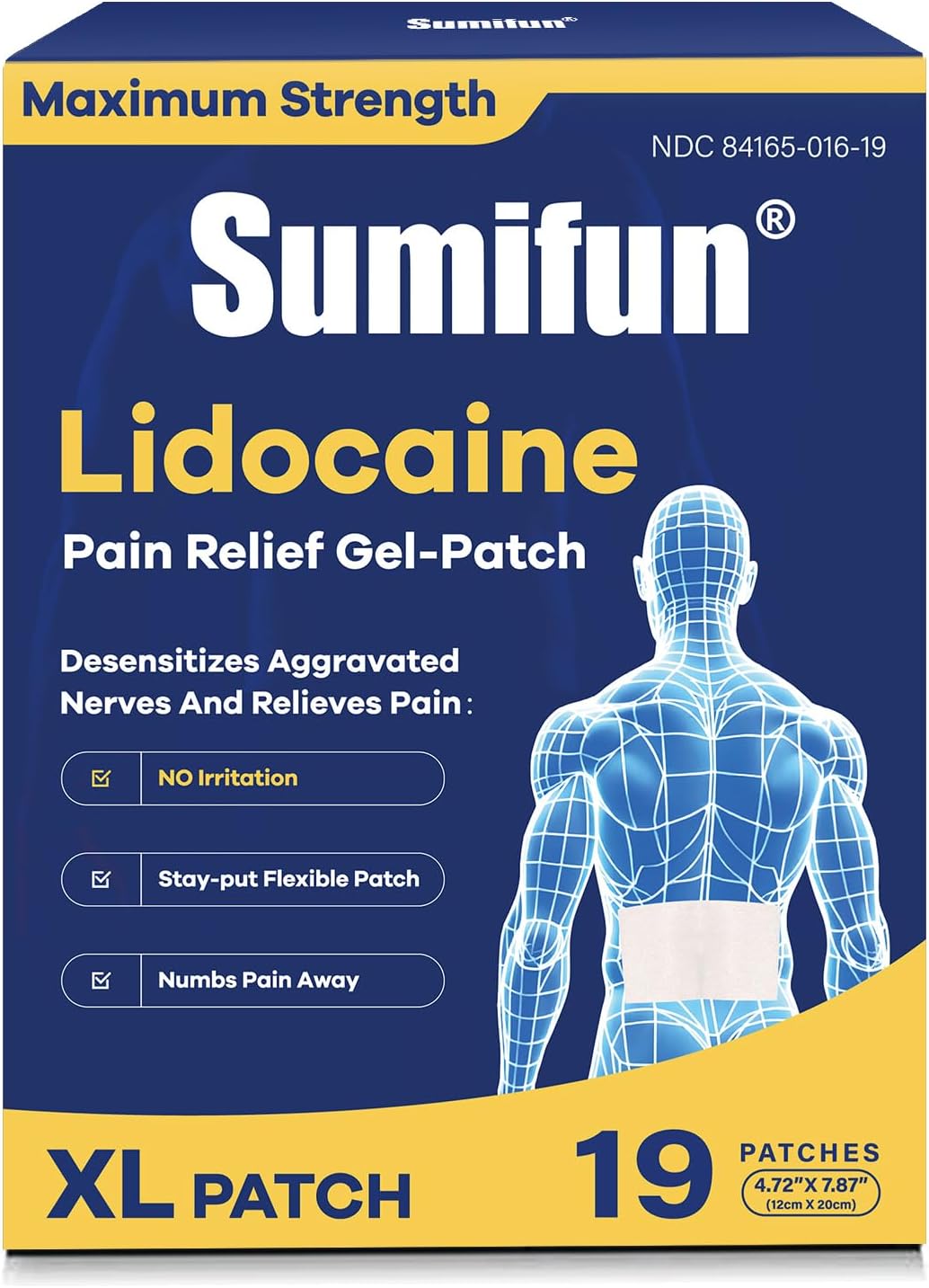 Sumifun XL 4% Lidocaine Gel-Patches, Maximum OTC Strength, 19 Count | Extra Large 4.72"x7.87" for Full Back, Shoulder & Large Areas, Numbs Pain Away, No Scent & Non-Greasy