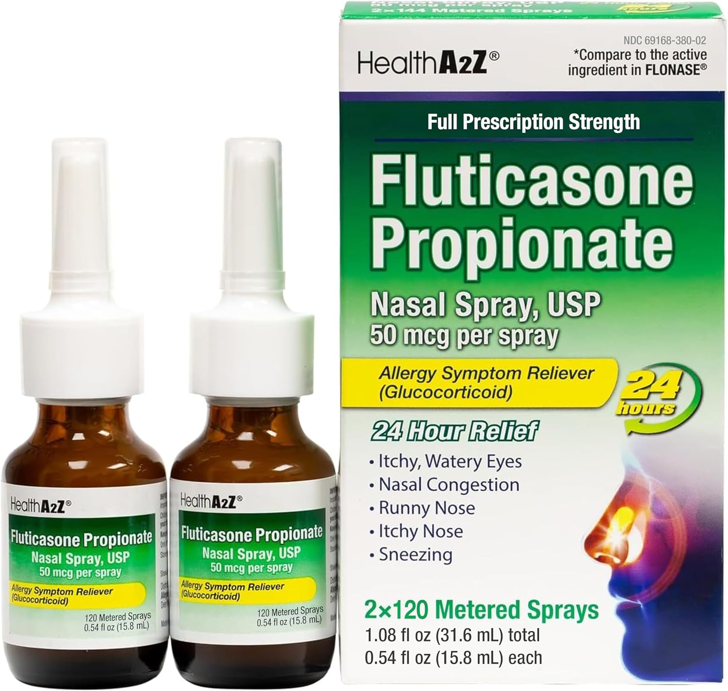 HealthA2Z® Fluticasone 50mcg Nasal Spray, 24-Hr Allergy, 2 Pack 240 Spray